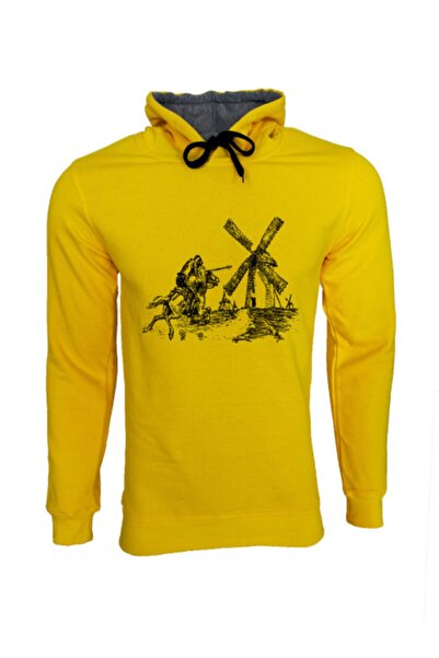 Raf Coll قميص بغطاء للرأس ومضلع باللون الأصفر للجنسين، مطبوع عليه دون كيشوت