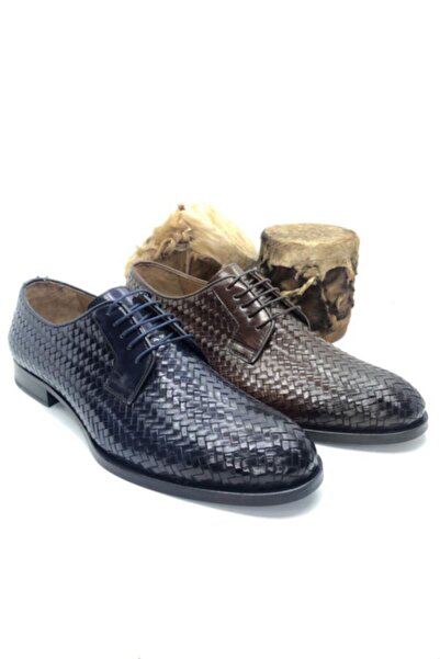 VEYİS USTA Ανδρικά κλασικά παπούτσια από γνήσιο δέρμα με καφέ διχτυωτό σχέδιο με κορδόνια