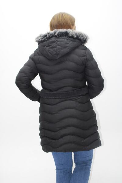 KMKkombin Palton puf cu glugă neagră de damă și blană