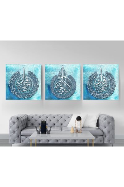 Meteor Galeri Ayetel Kürsü Nas Felak Dualı 3 Parça Dini Mavi Kanvas Tablo 40x...
