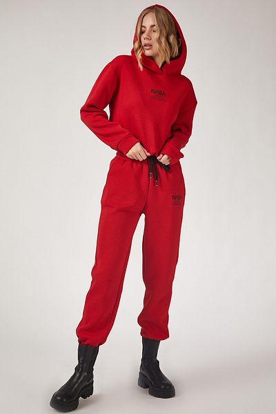 Happiness İstanbul Roter Fleece-Trainingsanzug mit NASA-Aufdruck für Damen LD00022