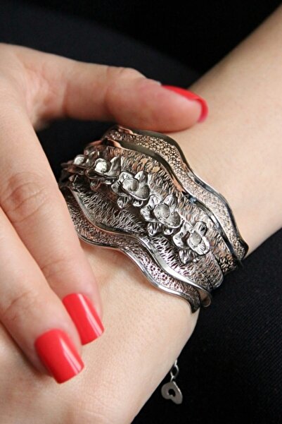 Argentum Concept 925 Ayar Gümüş Çiçek Figürlü Tasarım Füzyon Kelepçe Bileklik...