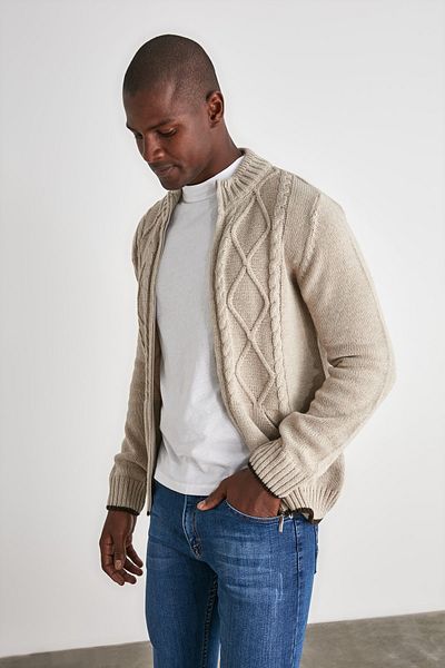 Kolekcia Trendyol Béžový Regular Fit – Vlnený úpletový kardigán s detailom, vreckom na zips TMNAW21HI0349