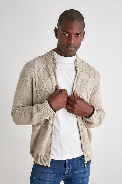 Kolekcia Trendyol Béžový Regular Fit – Vlnený úpletový kardigán s detailom, vreckom na zips TMNAW21HI0349
