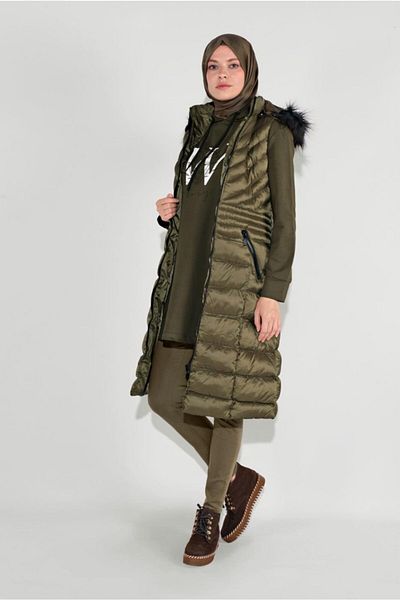 TRENDTESETTÜR Women's Khaki Hooded Fur Puffer Vest 1965