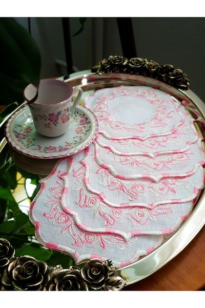 Tanem Home Gardenia Fabric Embroidered Stain Resistant Pink Coasters Set of 6