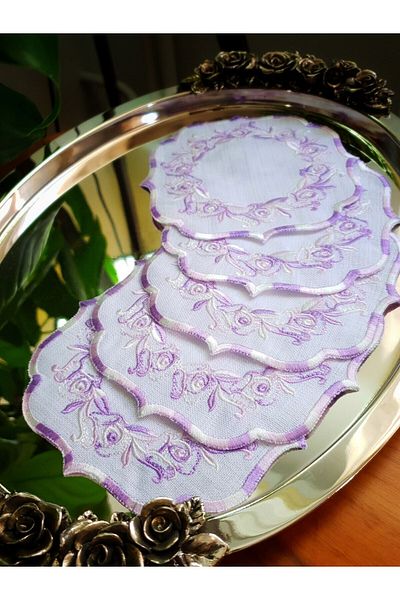 Tanem Home Gardenia Fabric Embroidered Stain Resistant Coasters Set of 6 Lilac