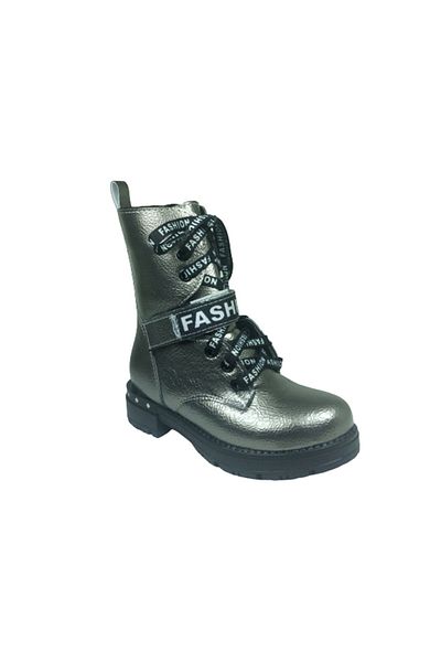 grafen Platinum Gray Patent Leather Lace-Up - Anatomical Girl's Boots