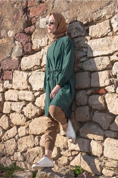 TRENDTESETTÜR Γυναικεία πράσινη καμπαρντίνα με συγκεντρωμένη άκρη και μέση T 5882