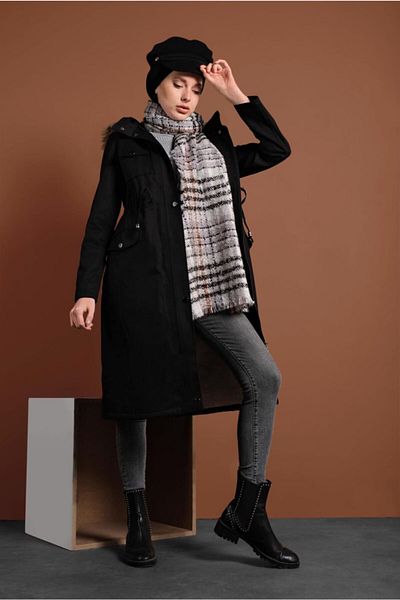 TRENDTESETTÜR Palton negru de damă cu blană în interior și talie cu șnur 2080