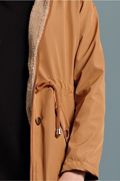 TRENDTESETTÜR Mustard Women's Coat - Waist Drawstring, Hooded, 5021 Model