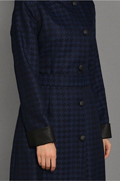 TRENDTESETTÜR Women's Navy Blue (SAX) Houndstooth Patterned Leather Detailed Trench Coat 1145
