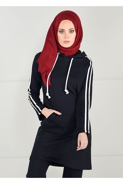 TRENDTESETTÜR Women's Navy Blue Stripe Detailed Tracksuit Tunic 0051