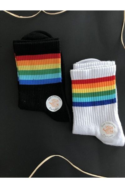 çorapdunyam White and Black Striped Unisex College Tennis Socks - 2 Pairs Trend