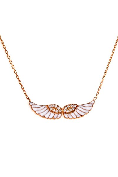 Afrodit Silver Roze Rengi Beyaz Mineli Melek Kanadı Gümüş Kolye