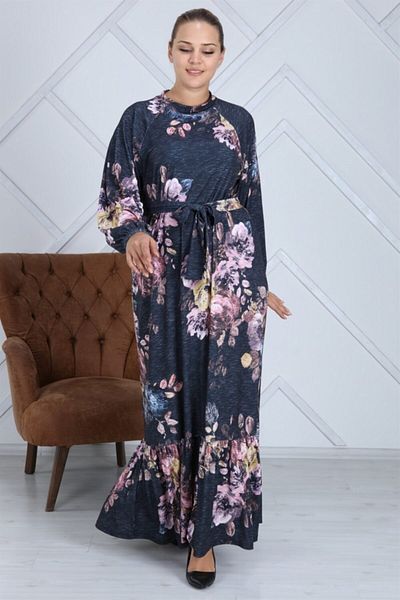 Seamoda Γυναικείο φόρεμα με μπλε ναυτικό λουλουδάτο μοτίβο με βολάν και ζώνη σε μεγάλο μέγεθος