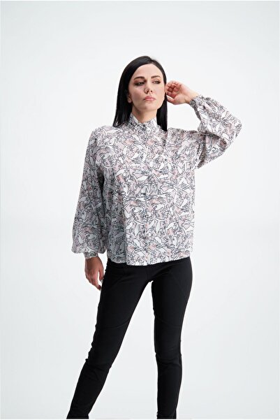 NEWRULES Kadın Bej Tek Cep Dik Yaka Dökümlü İpek Gömlek