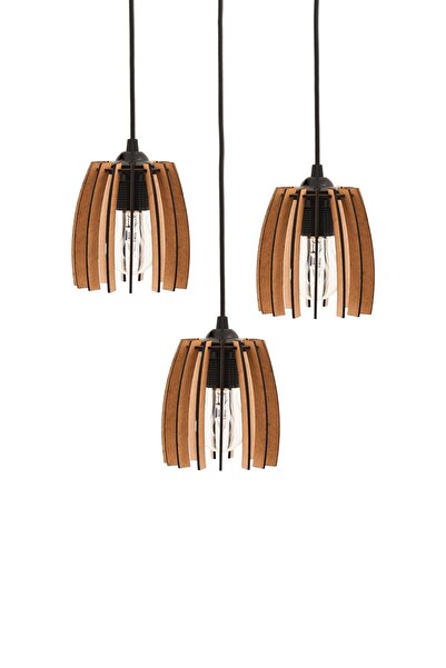 MadamVila Lucky Wood Ahşap 3 Adet Tekli Küçük Boy Avize Seti