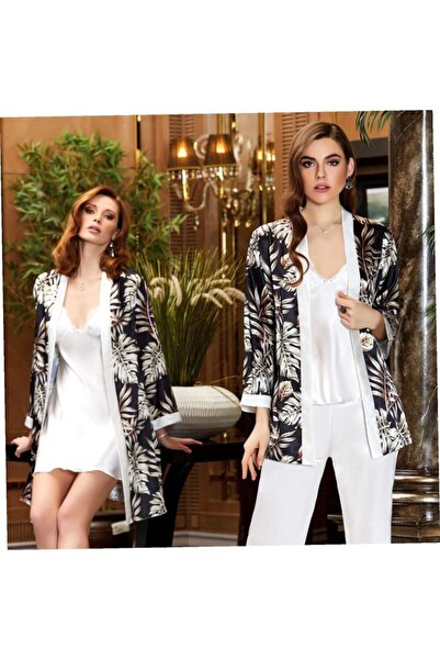 Jeremi 3043 Çeyizlik Ipek Saten Üçlü Pijama Takımı - Krem