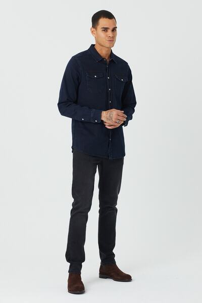 BOSHETTI Erkek Lacivert Premium  Slim Fit Denim Gömlek