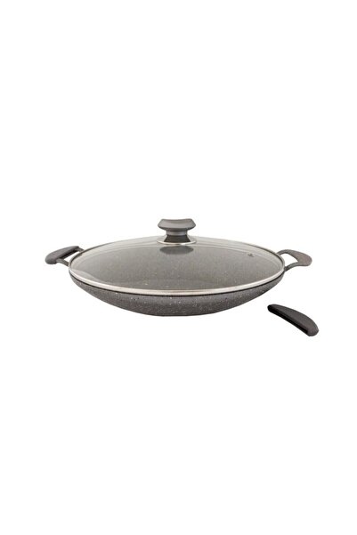 OMS PASLANMAZ مقلاة جرانيت رمادية بغطاء زجاجي 30 سم