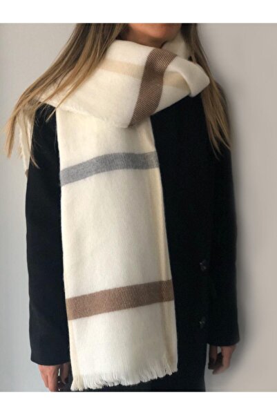 TEZKOTEKSTİL Women's Cream Plaid Scarf Shawl