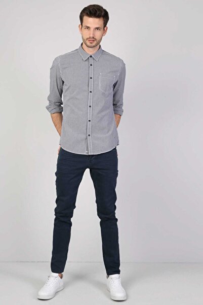 Colin's ЧОЛОВІЧИЙ Slim Fit Placket Neck Чоловічий синій сорочка з довгими рукавами CL1040553