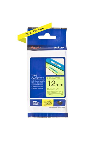 Brother Tze-c31 Flu Sarı Üzerine Siyah Fosforlu Laminasyonlu Etiket 12mm