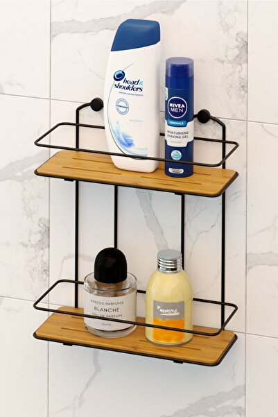 Teknotel İki Katlı Ahşap Banyo Duş Rafı Mat Siyah BK076