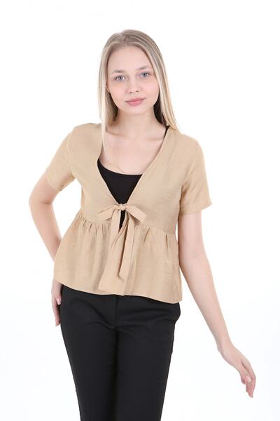 DISENTIS MODEST Bolero de damă de culoare bej - cravată în față, jumătate de mânecă