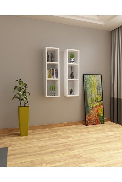 Dekormer Design Beyaz Kitaplık Duvar Rafı Takımı