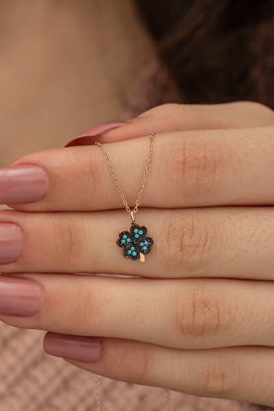 Nereze 925 Ayar Minik Turkuaz Taşlı Yoncakadın Gümüş Kolye