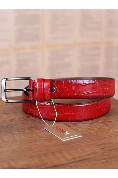 KASVA DERİ Men's Red Crocodile Leather Belt 3.5 cm