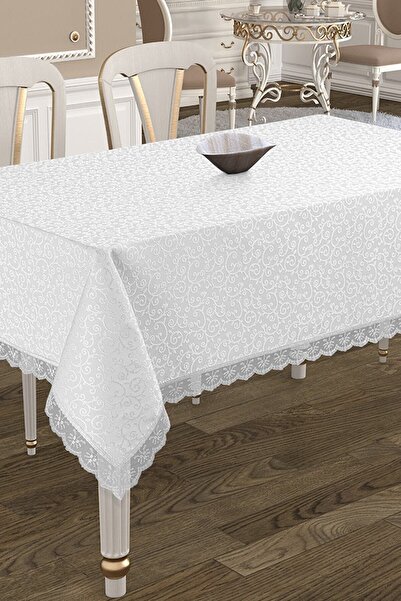 TRENDLİM10 مفرش طاولة Kdk قماش دانتيل فرنسي 160x220 سم لون كريمي