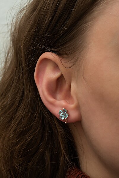 Nereze Kadın 925 Ayar Aquamarin Taşlı Yonca Küpe Gümüş Küpe