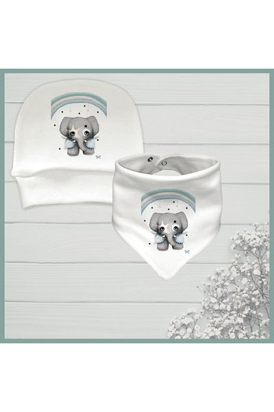 Niles Baby design for baby Unisex Baby Ecru Printed Organic Bib Beanie Collar Set