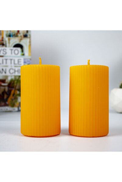 Mument El Yapımı Oluklu Silindir Mum 10 cm– 2’li Set – Turuncu– Uzun Süreli Y...