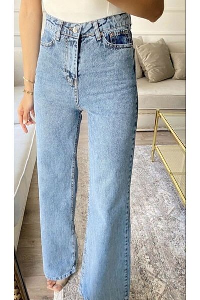 Trn JNS Blue Lycra cu talie super înaltă denim blugi cu picioare largi Pantaloni Palazzo