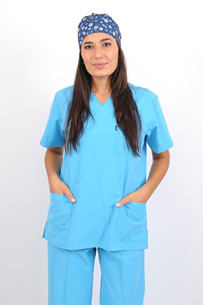 Lobby Uniform 34 No Turkuaz Alpaka V Yaka Takım (pantolonlu) Hemşire Önlüğü