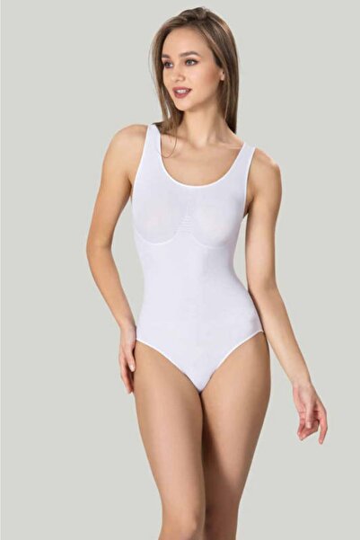 by HW Жіночий білий безшовний боді з товстими бретелями, корсажем і застібками