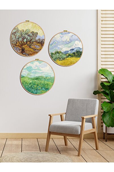 Hoody Van Gogh Eserleri Doğal Ahşap Çerçeveli 3'lü Yuvarlak Tablo Seti 30-30-...