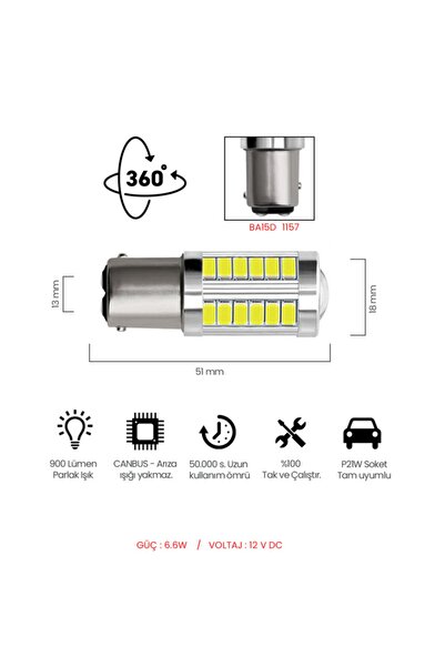 Waxen Stop Sinyal Geri Vites Ampulü Mercekli 33 Led P21w 1157 Ba15d 6500k Beyaz Güçlü Işık