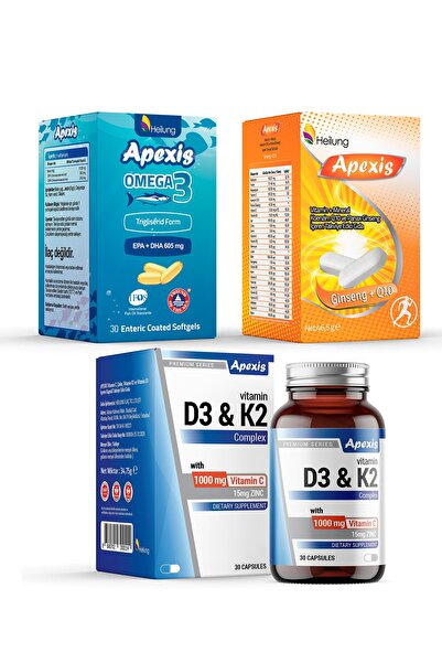 Apexis Omega3 Balıkyağı30softgel& Multivitamin+q10+ginseng Tablet&d3&k2comple...