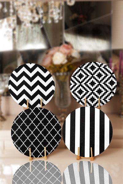 Realhomes 4 piese alb-negru cu desen geometric set de loc și supla