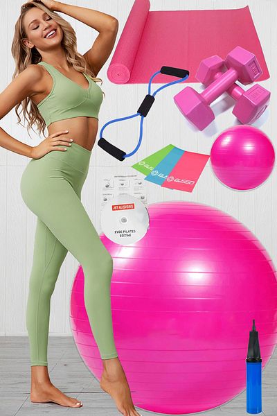 Jet 11 Piece Pilates Set Set Ball 3 Piece Pilates Band Rubber Dumbbell Mat Mat Resistance Band Set Pink