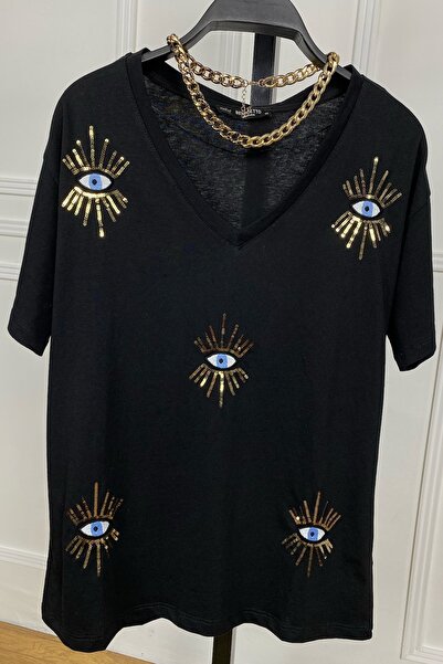 FEMELLE Dámské tričko ze 100% bavlny se vzorem černých očí a výšivkou