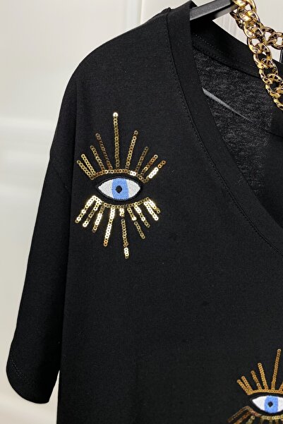 FEMELLE Dámské tričko ze 100% bavlny se vzorem černých očí a výšivkou