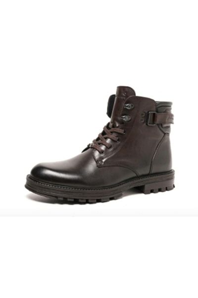 Pierre Cardin 77648 Καφέ Χειμερινές Δερμάτινες Ανδρικές Μπότες με κορδόνια με φερμουάρ