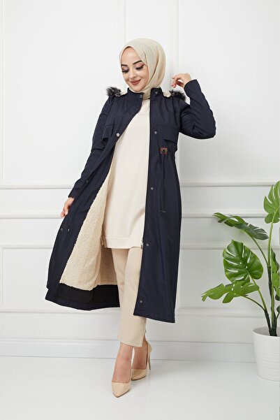 KMKkombin Water Prof Dark Blue Fur Lined Winter Oversize Seasonal Coat & Coat