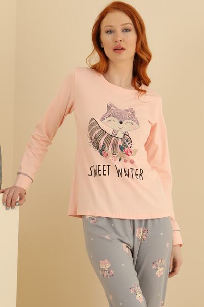 Sevim Açık Somon Bayan Baskılı Pijama Takım